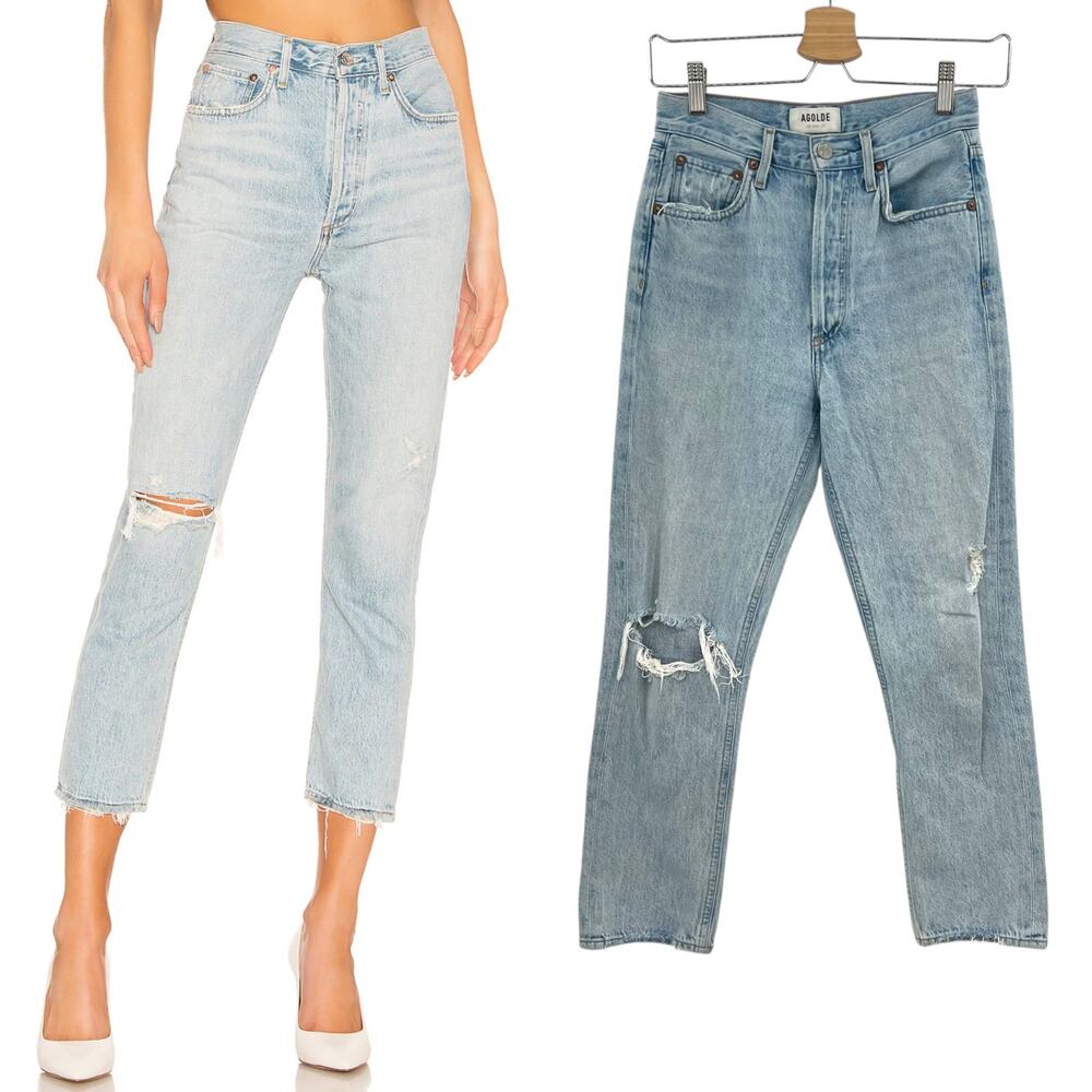 Agolde‎ Riley High Rise Straight Crop Jeans Denim Shatter Wash Blue Size 24